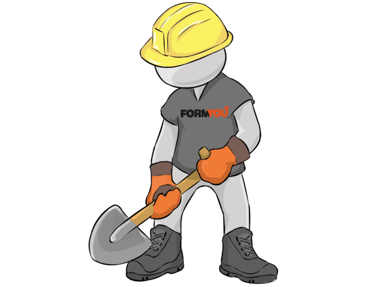 bonhomme en tenue de chantier réglementaire comprenant gants, casque et chaussures de sécurité